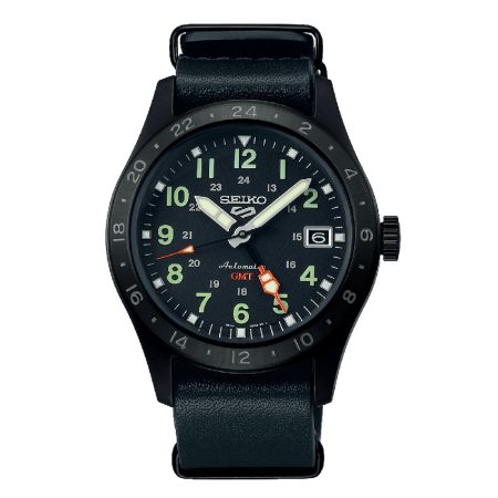 montre-automatique-gmt-seiko-5-sports-cadran-noir-bracelet-nato-cuir